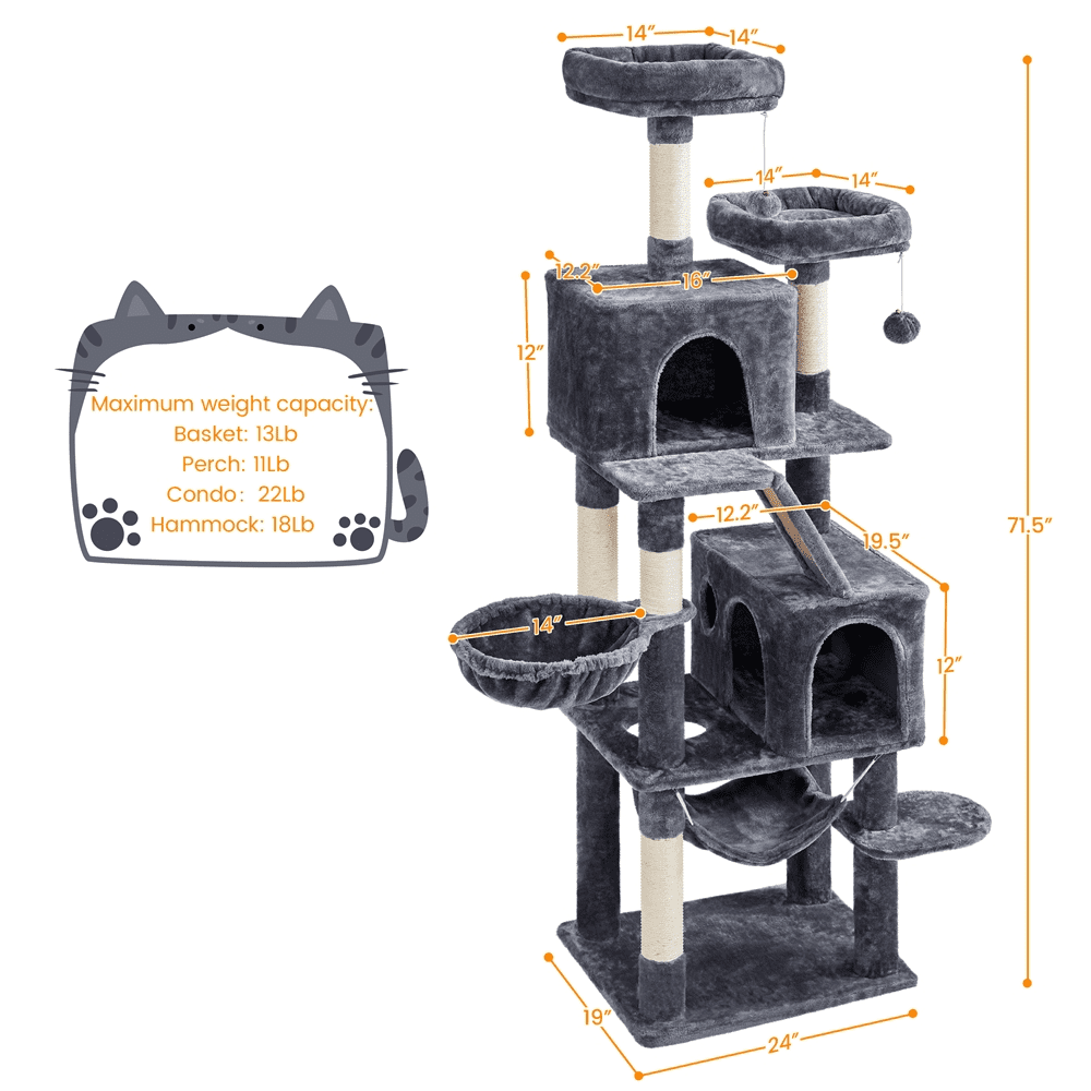 Alden Design 71.5″ H Multi-Level Large Cat Tree with 2 Cozy Perches and 2 Condos, Dark Gray