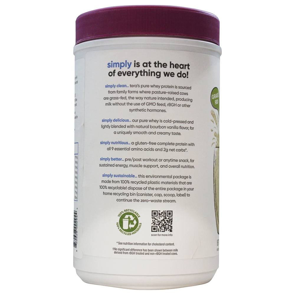 Tera's Whey Grass Fed Whey Protein Powder, Bourbon Vanilla, 21g Protein, 1.5 Lb