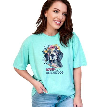 Colorful Dog Graphic Tee Loved by a Rescue Dog T-Shirt Flower Crown Dog Shirt Unique Dog Lover Tee Animal Rescue Apparel Chalky Mint Comfort Colors T-Shirt 2XL