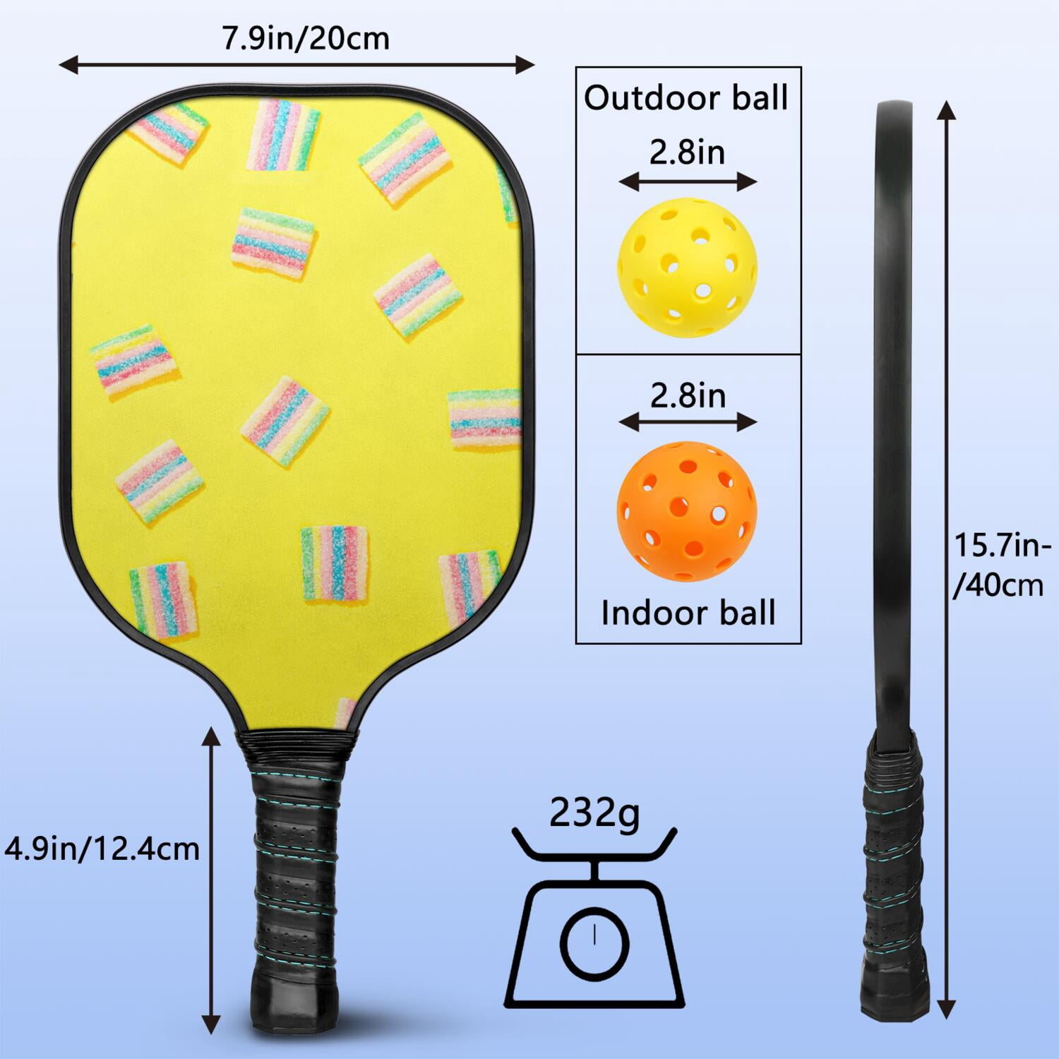 Pickleball Paddles Set Of 1, Fiberglass Surface, Sweet Candy Print, 1 Paddle, 2 Balls & Bag
