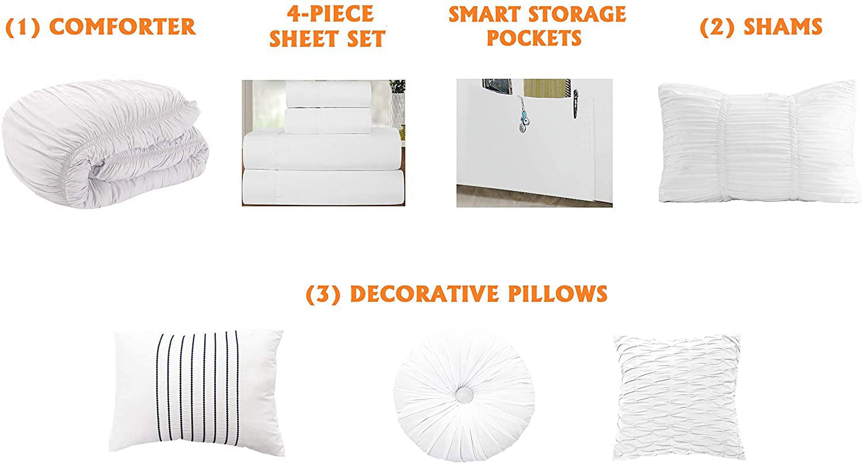 Elegant Comfort 10 Piece Bed Sheets Full White Pleated 2000 Series Microfiber