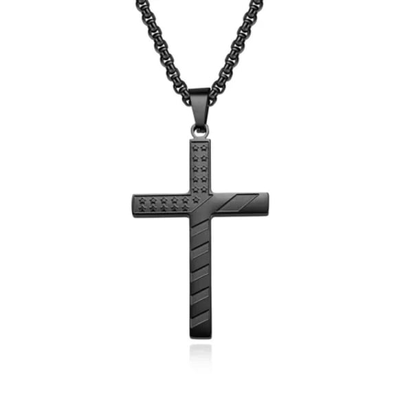 QQTDFG Men Women Cross Necklace American Flag Stainless Steel Pendant Rolo Chain Gift-Black