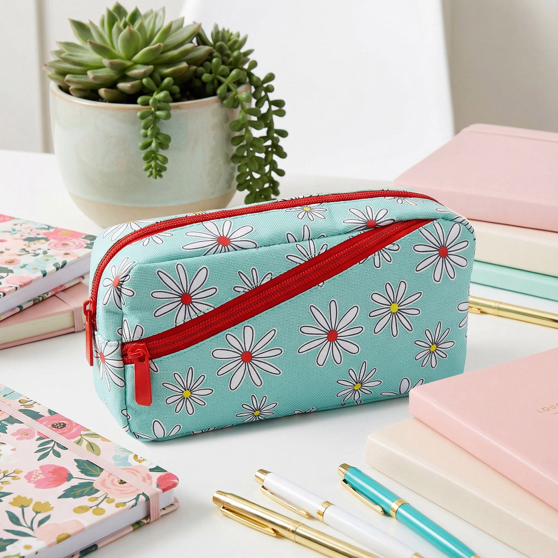 Pen+Gear 2 Zip Daisy Design Pencil Pouch, Mint Polyester, Coral Zips, College, Middle and High School