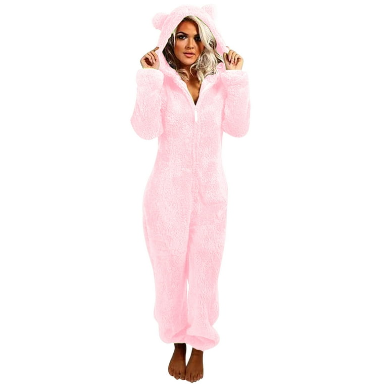 Pants For Women 2023 Women Long Sleeve Hooded Jumpsuit Pajamas Casual  Winter Warm Rompe Sleepwear Pink S