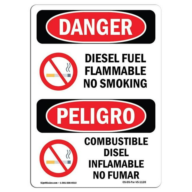 SignMission OS-DS-A-1218-VS-1128 12 x 18 in. OSHA Danger Sign - Diesel Fuel Flammable No Smoking Bilingual