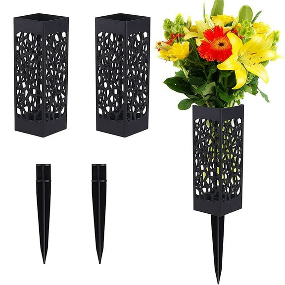 Cemetery Vases With Spikes - Floral Vase Cones With Long Stake And Drainage Holes For Human Headstones Memorial Decorations Gravestone Markers Yard Ground Outdoor Flower Marker Black