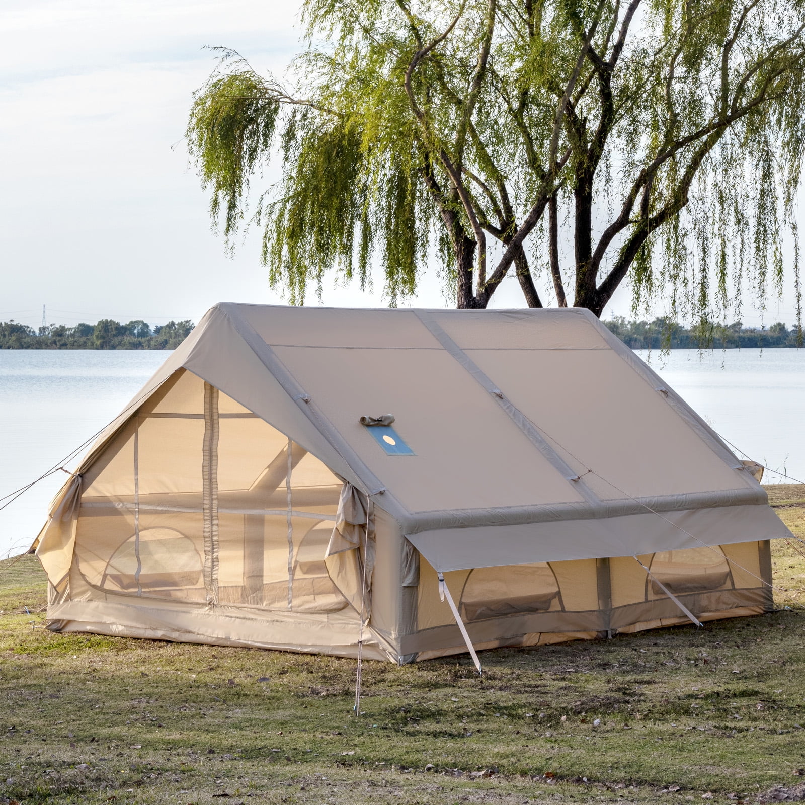 Waldmate Inflatable Camping Tent for 6-8 Person, Glamping Tent with Stove Jack Hand Pump, Oxford Waterproof Blow up Tent with Mesh Windows & Door