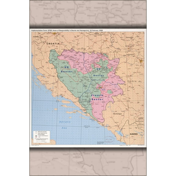 24"x36" Gallery Poster, cia map of IFOR areas Bosnia Herzegovina 1996 p2