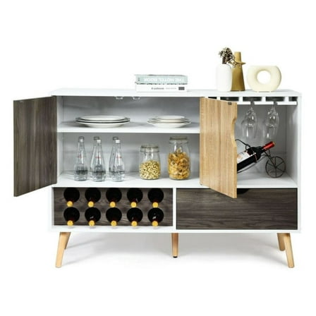 Mid-Century Buffet Sideboard - Wooden Storage Cabinet with Wine Rack & Adjustable Shelf - Living Room, Dining Room Furniture - 47.5" Modern Accent Cabinet