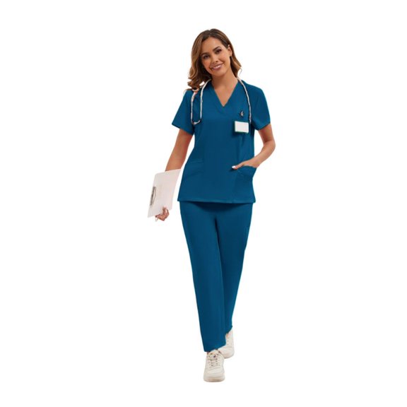 LYMAYTER Women Medical Uniform Summer 2 Piece Nurse Uniform for S-2XL V-Neck Fast Drying Nurse Esthetician Workwear Set