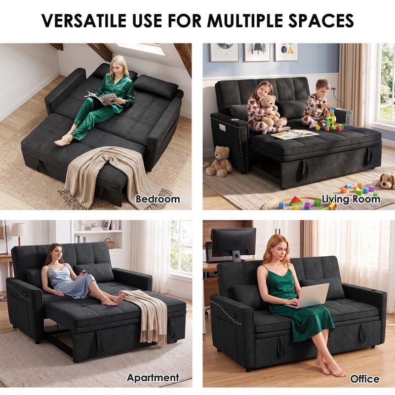 Anpport 54" 3‑in‑1 Convertible Sofa Bed, Sleeper Couch with USB Charging Port, Nailhead Trim & Throw Pillows, Loveseat for Living Room Apartment Small Space, Black