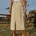 thumbnail image 3 of Defitshape Women's Long Denim Skirt Elastic High Waisted Western Summer Pleated Pocket Drawstring Back Split Drawstring Cargo Jean Skirts Khaki XX-Large, 3 of 5