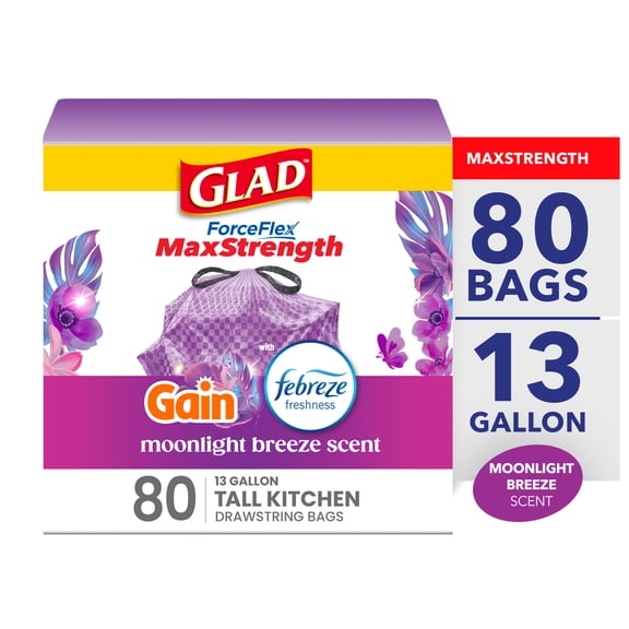 Glad ForceFlex MaxStrength 13-Gallon Purple Drawstring Tall Kitchen Bags, Gain Moonlight Breeze Scent, 80 Bags