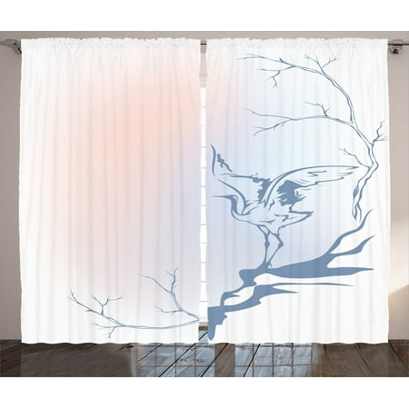 Asian Decor Curtains 2 Panels Set Winter Landscape With Crane On Asian Decor Curtains 2 Panels Set Winter Landscape With Crane On Tree Branch Bird Nature Themed Monochrome Artwork Living Room Bedroom Accessories