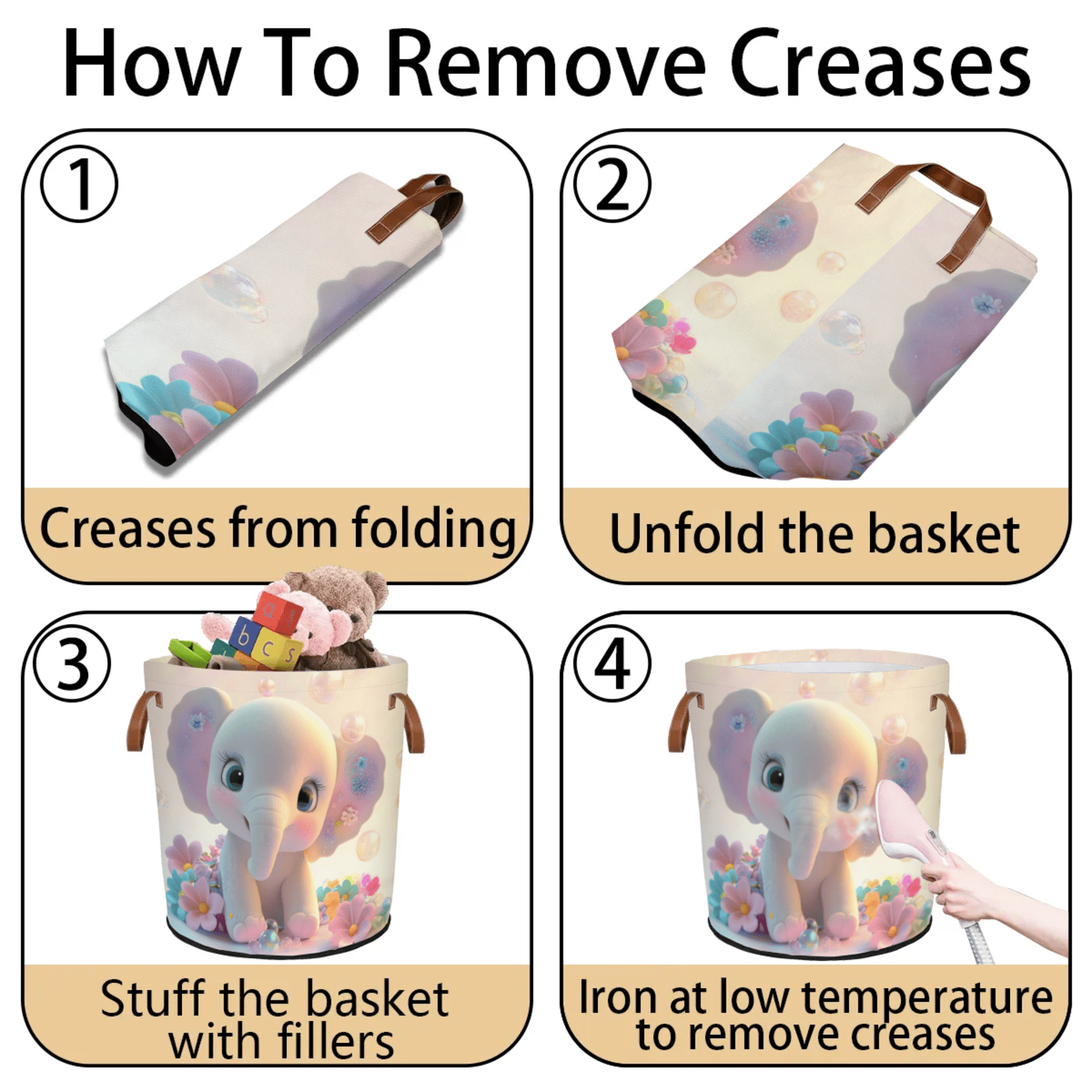 ADECORIVY Cute Baby Elephant Laundry Basket Flowers Waterproof Collapsible Hamper With Handles Oxford Cloth Dirty Clothes Tote for Bathroom, Bedroom, Living Room