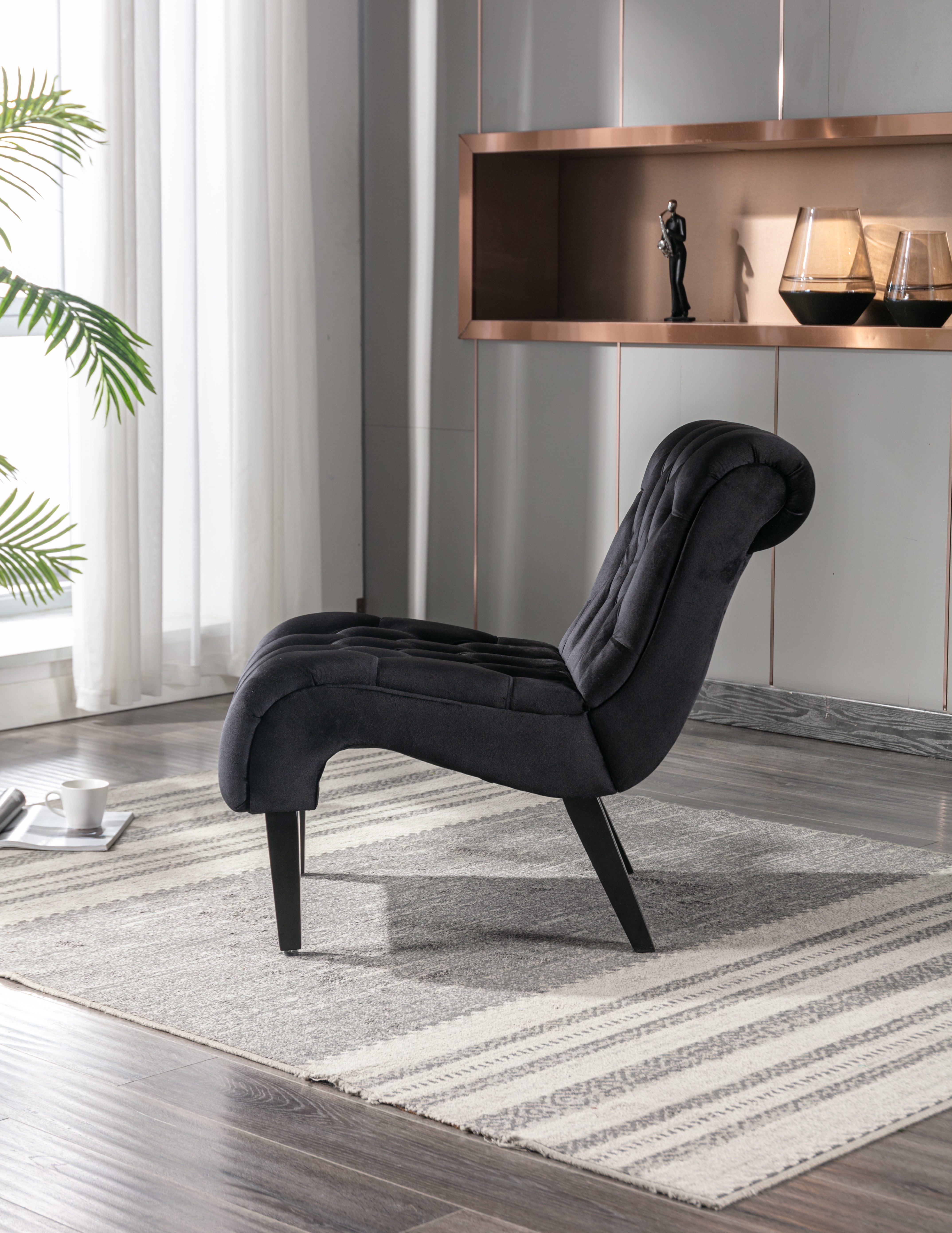 MAYEERTY Modern Velvet Armless Accent Living Room Leisure Chair,Upholstered Fabric Button Comfortable Chair with Wooden Legs for BedroomOffice，Black Velvet