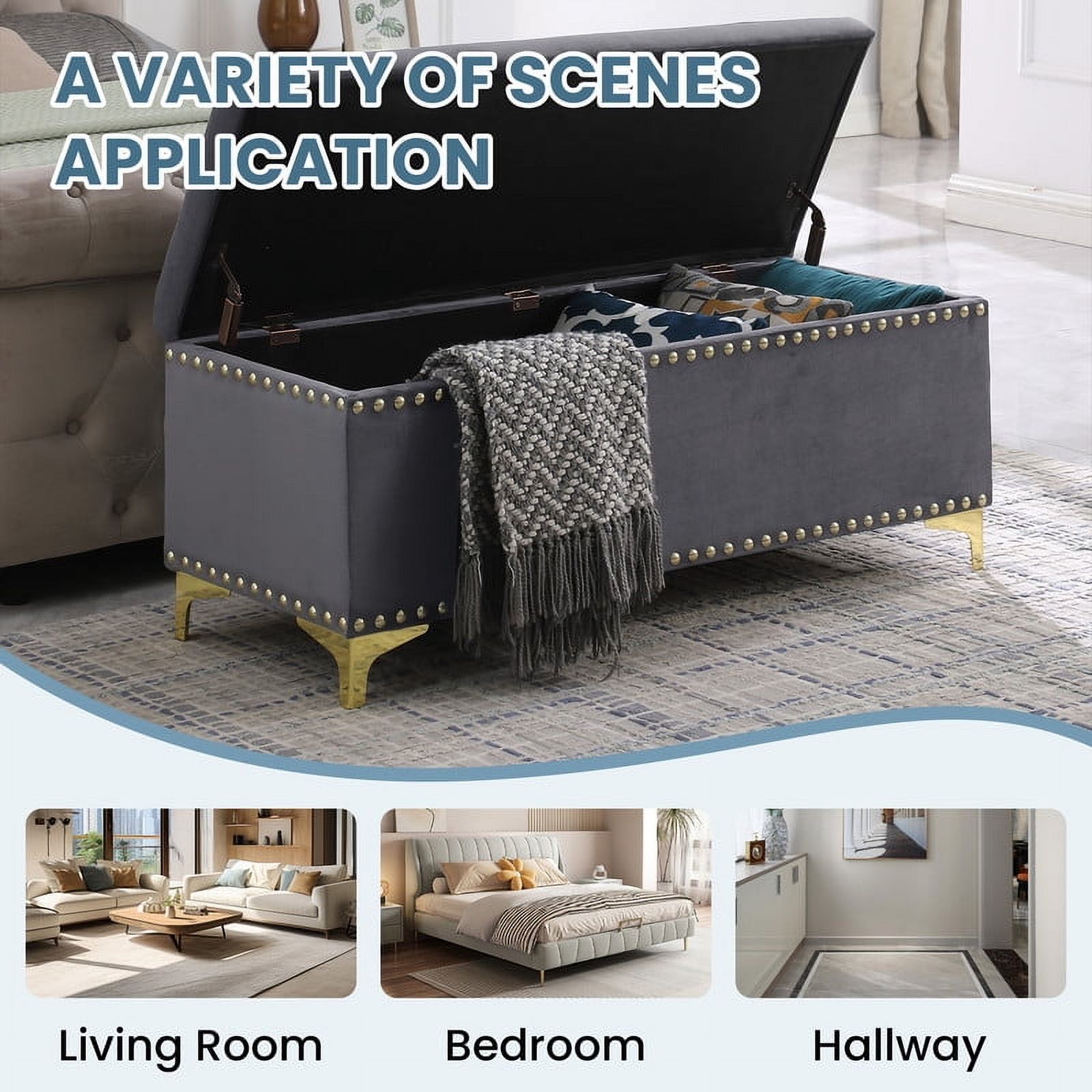 Aukfa 2-in-1 48 Inches Storage Ottoman Benches Set, Upholstered Storage Chest, Footrest for Living Room, Bedroom, Entryway, Dark Gray