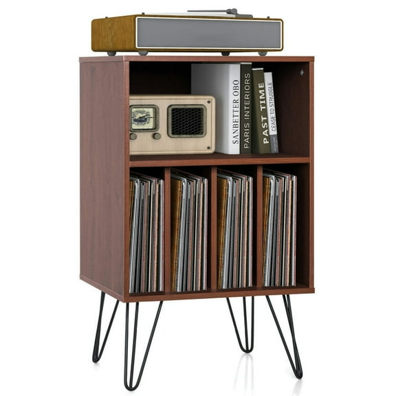 Kepooman File Storage Organizer,File Cabinet,Freestanding Record Player Stand Record Storage Cabinet with Metal Legs-Coffee