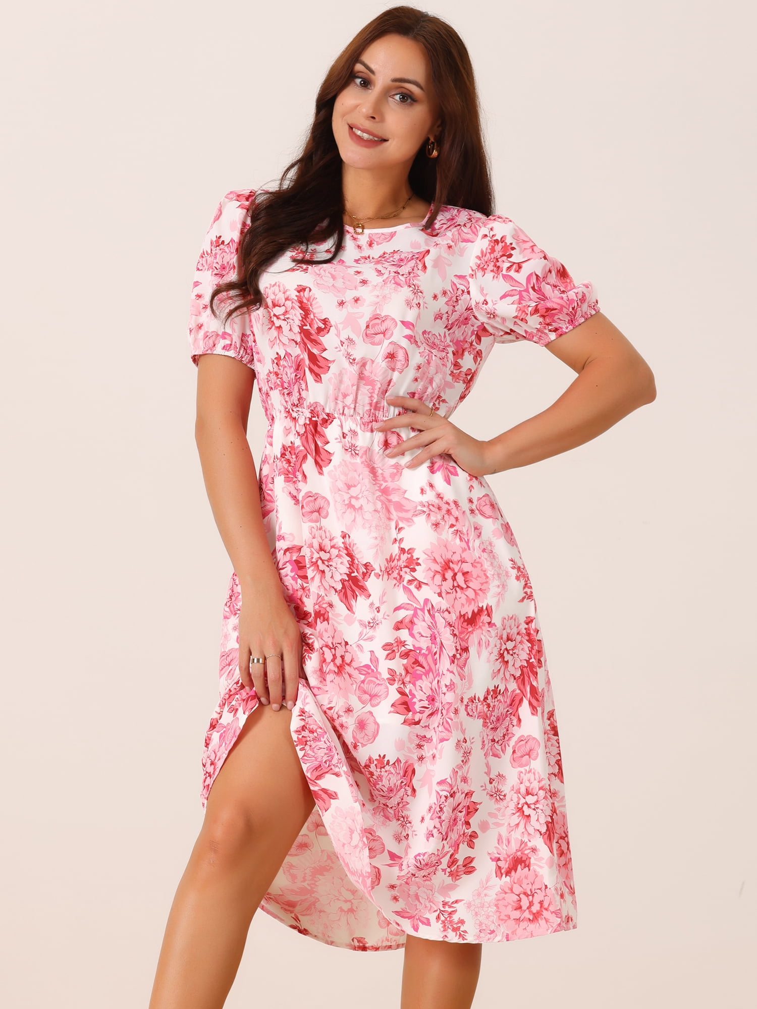 DARING DIVA Women's Puff Sleeve Cutout Waist Midi Floral Dress with Pockets L Pink