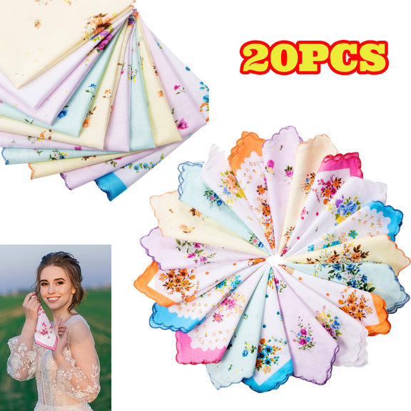 20pcs Flower Cotton Handkerchiefs for Women, 11.8 inch Vintage Floral Printed Embroidered Handkerchiefs