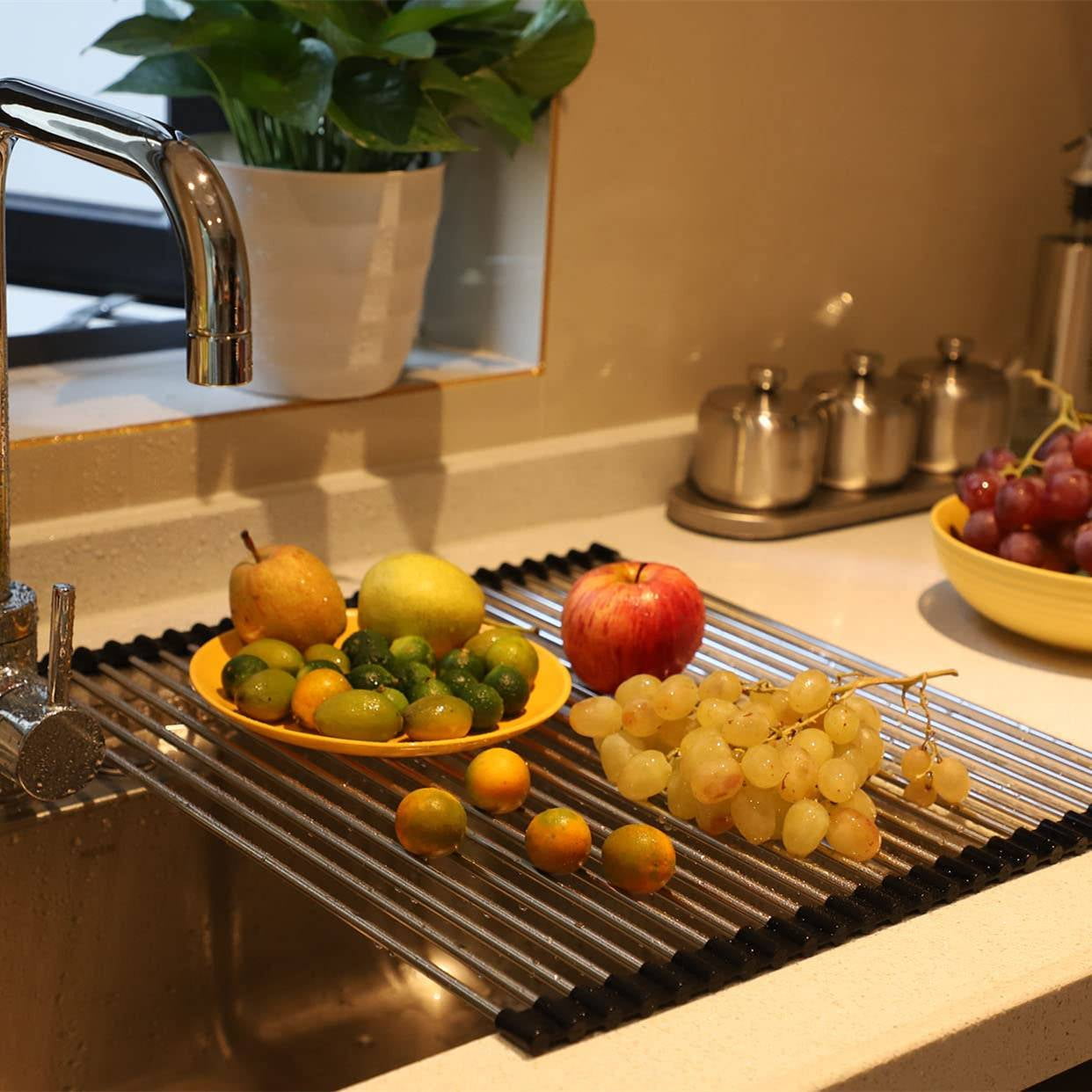 iMucci 20.5" x 14" Roll up Dish Drying Rack over the Sink Kitchen Foldable Sink Dry Rack Portable Dish Drainer Rack Stainless Steel