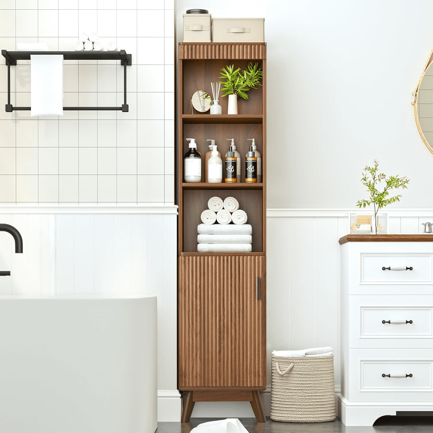 LEFHDA 68" Bathroom Storage Cabinet with Doors, Narrow Tall Fluted Cabinet, Wooden Mid-century Modern Cabinet with Adjustable Shelf, Bathroom Kitchen Living Room