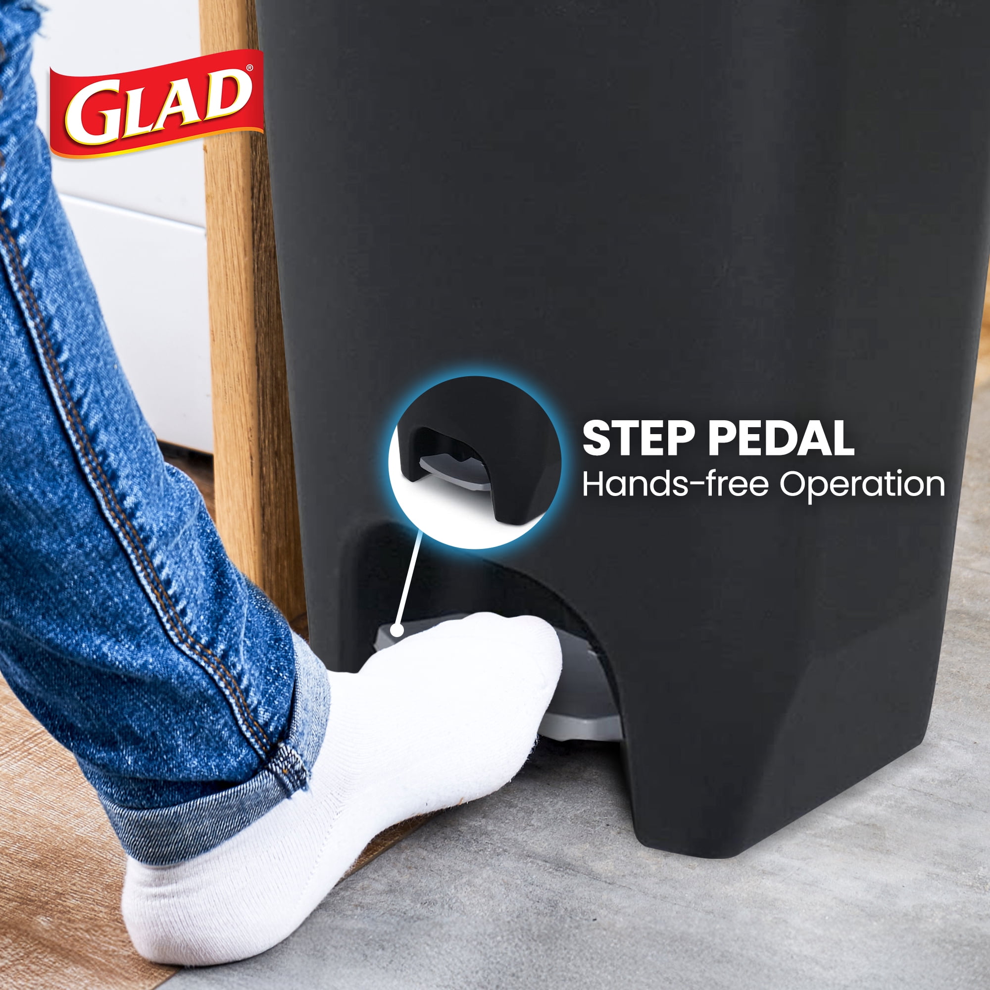 Open Box Glad Trash Can w/Lid, Foot Pedal & Garbage Bag Rings, 13 Gal, Black