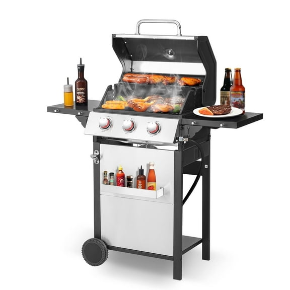 3-Burner Propane Gas Grill with Stainless Steel Cabinet - Outdoor BBQ Grill Side Table, Knob Controls, Cast Iron Grates & Thermometer