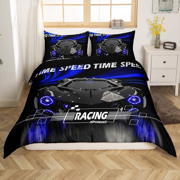 Erosebridal Fast Car Comforter Cover Twin,Black Blue Bedding Twin Size,Car Theme Duvet Cover Twin,Microfiber Geometric Room Decorative(No Comforter),Reversible,3pcs
