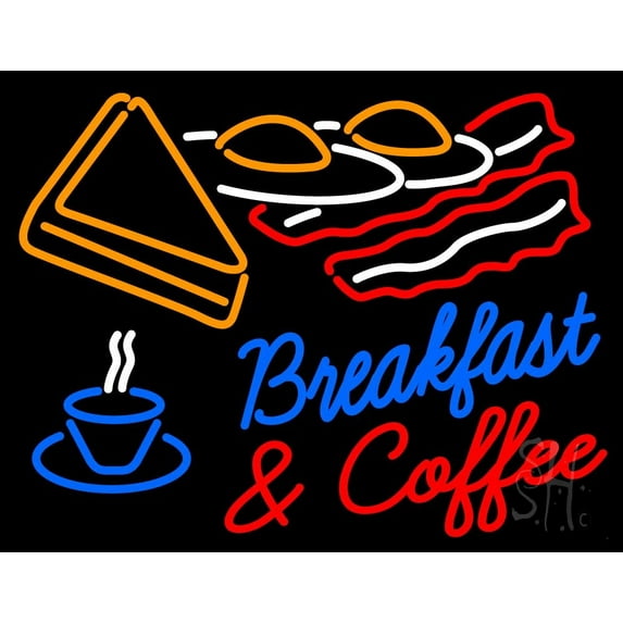 Blue Breakfast Red And Coffee LED Neon Sign 24 x 31 - inches, Black Square Cut Acrylic Backing, with Dimmer - Bright and Premium built indoor LED Neon Sign for restaurant window and interior decor.