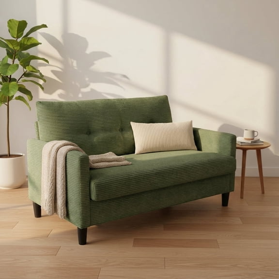50" Small Loveseat Sofa, Comfy Corduroy Sofa Couch with Spring Cushion & Solid Wood Frame, Tool-Free Assembly for Living Room/Bedroom, Green