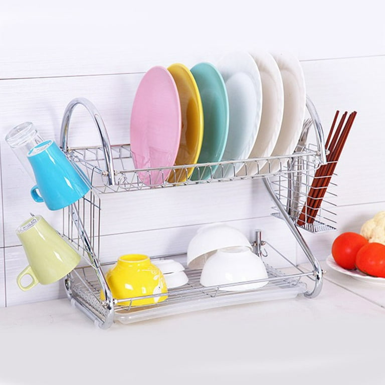 Dish Drying Rack Cup Drainer Plastic 2-Tier Strainer Holder Tray