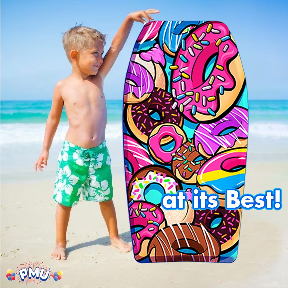 PMU 33 Inch Donut Printed Bodyboard - Lightweight Wrist Leash Slick Bottom Boogie Board for Beach, Sea & Pool - Surfing Board for Kids, Teens & Adults Wave Conditions Pkg/1