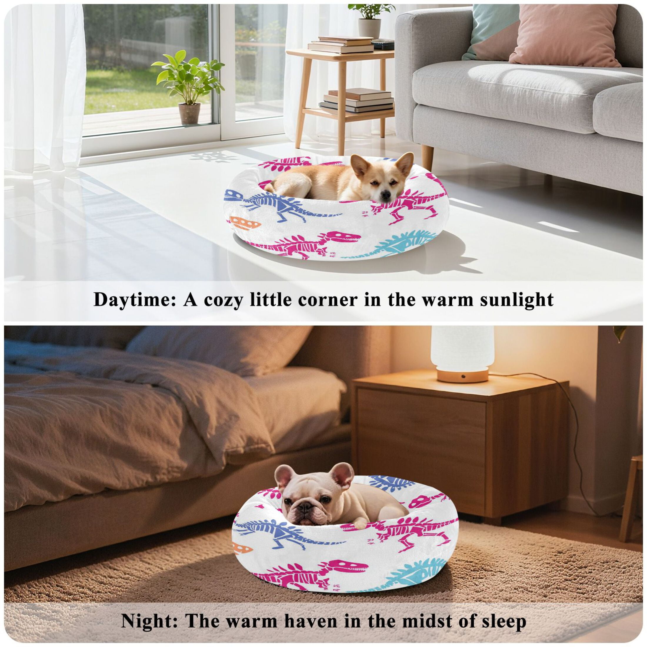 Iauyy Pet Couch Donut Cat Bed for Indoor Cats/Small Dogs Washable & Machine with Non-slip Bottom Calming Cat Furniture, Colorful Dinosaur Skeleton (XS)