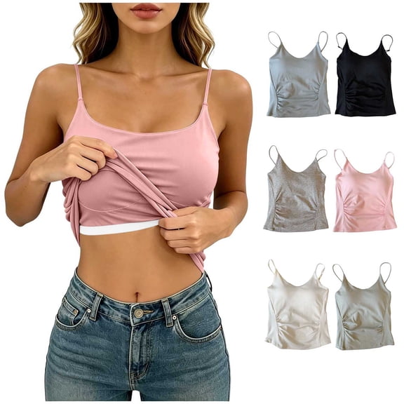 Aboser Women's Built in Shelf Bra Camisoles Going Out Tops Padded Sleeveless Basic Shirt Ruched Spaghetti Strap Cami Shirts Comfort Soft Tank Top