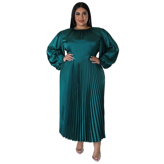 AURA Plus Size Long Sleeve Pleated Maxi Dress Women Round Neck Elegant Fall Winter Dress