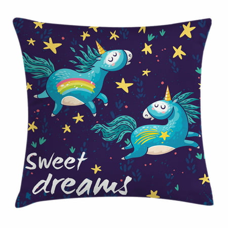 Sweet Dreams Throw Pillow Cushion Cover, Two Unicorns Flying in Night Sky Childhood Fantasy Fairytale Themed Cartoon, Decorative Square Accent Pillow Case, 16 X 16 Inches, Multicolor, by