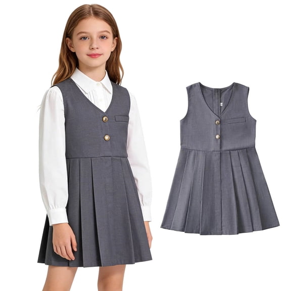 Uniform Dresses for Girls Sleeveless V-Neck Jumper Dress Pleated Skirt Stretch Fit Grey Uniform Dress Back to School Clothes 4-5 Years