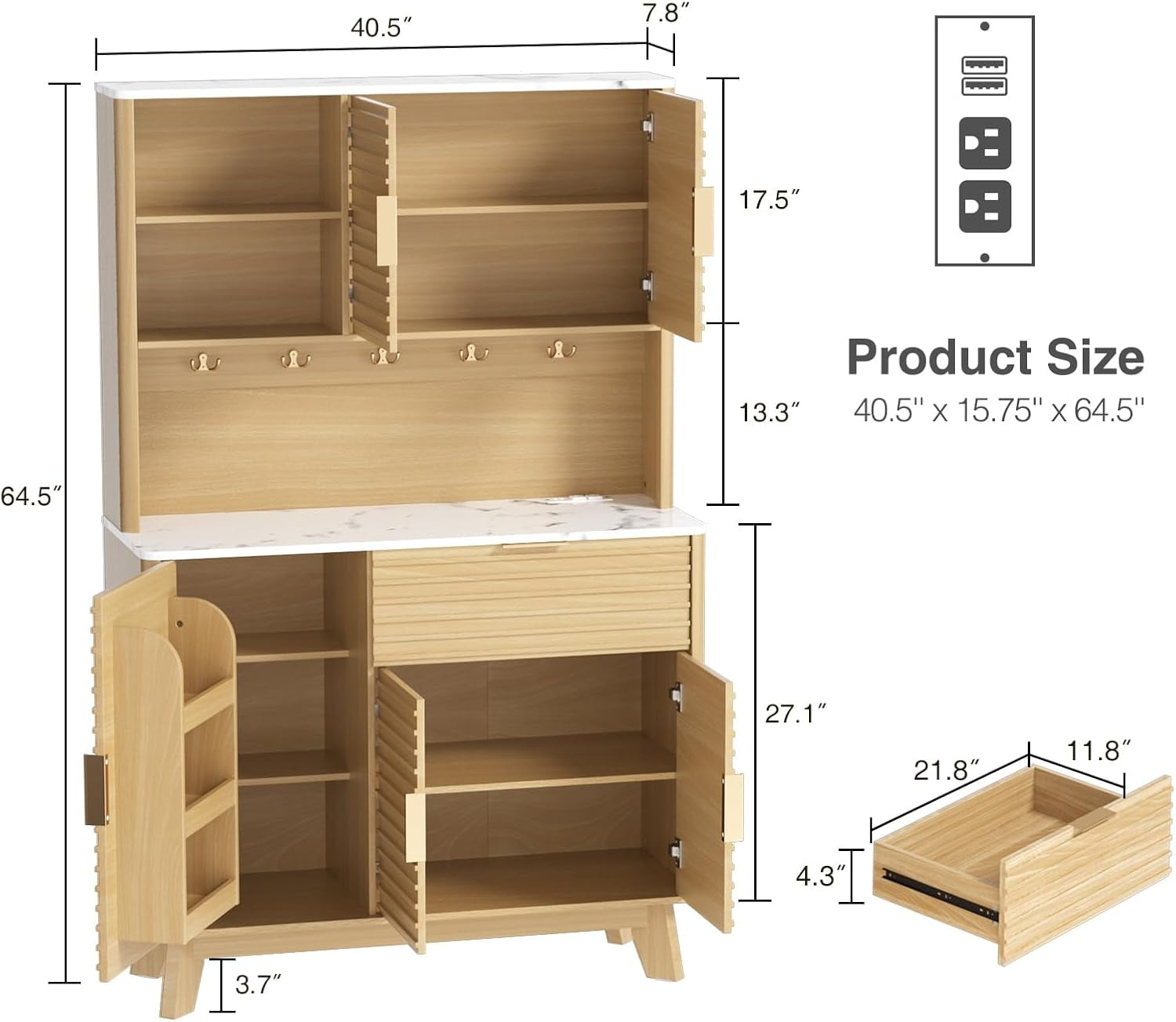 Vabches Pantry Cabinet with Fluted Kitchen Hutch and Charging Stations, Buffet Storage Cabinet with Large Countertop, Drawers & Shelves, Natural