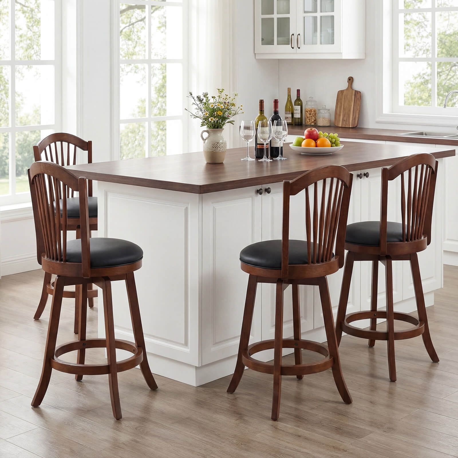 Costway Swivel Bar Stools Set of 4, 25” Counter Height Barstools with Backrests, Wood Frame Brown