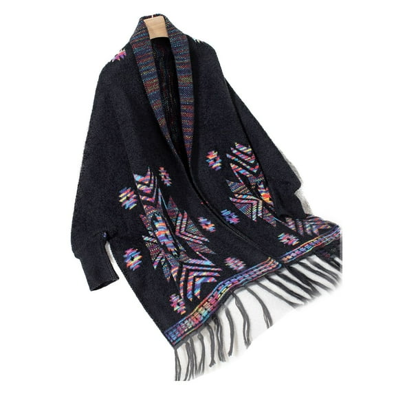 SWSMCLT Women's Long Sleeve Cardigan Knit Shawl Lightweight Open Front Sweater Cape Poncho Cardigan Sweater Oversized Thick Boho Black Small-X-Large