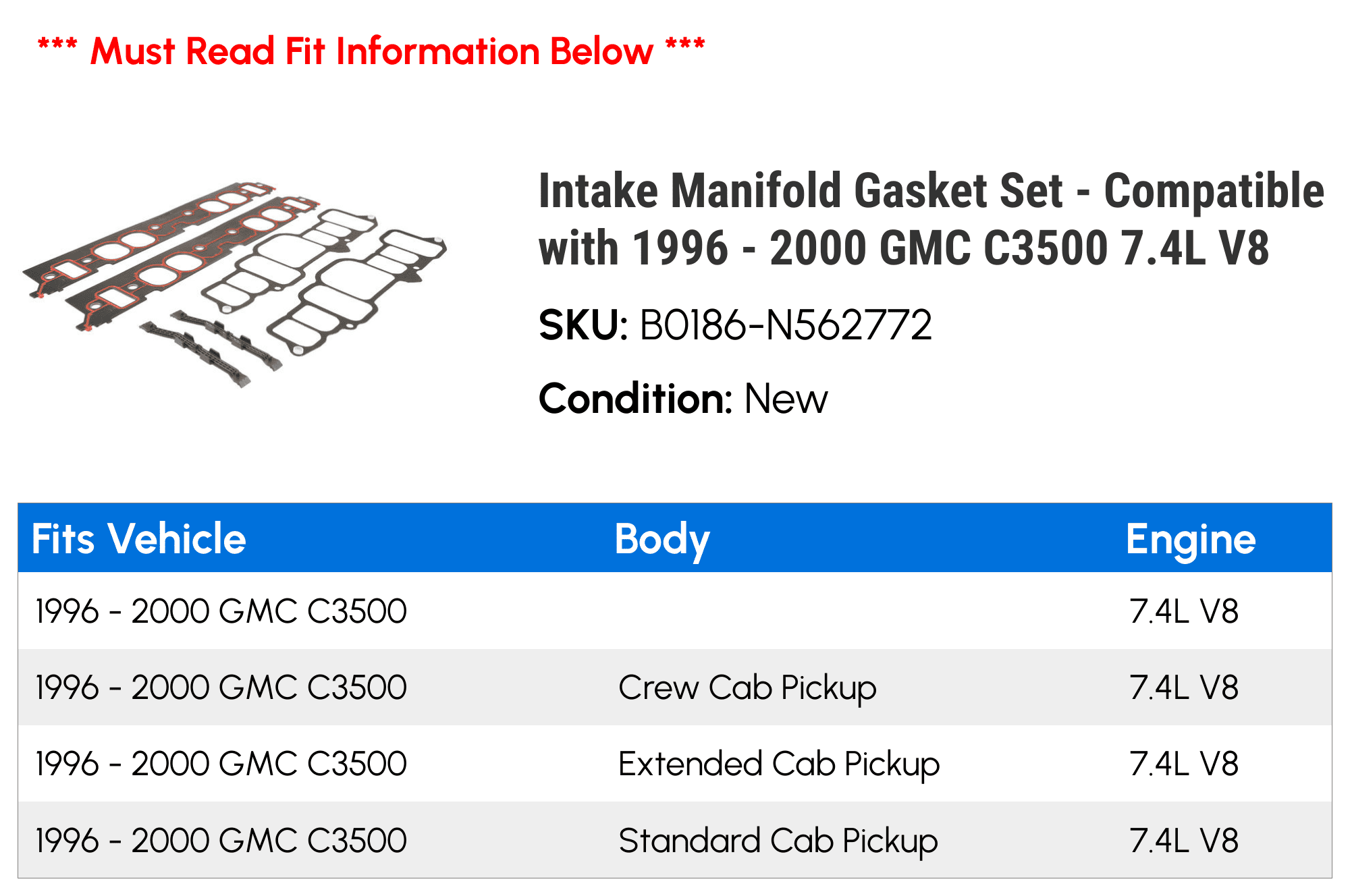 Intake Manifold Gasket Set - Compatible with 1996 - 2000 GMC C3500 7.4L V8 1997 1998 1999