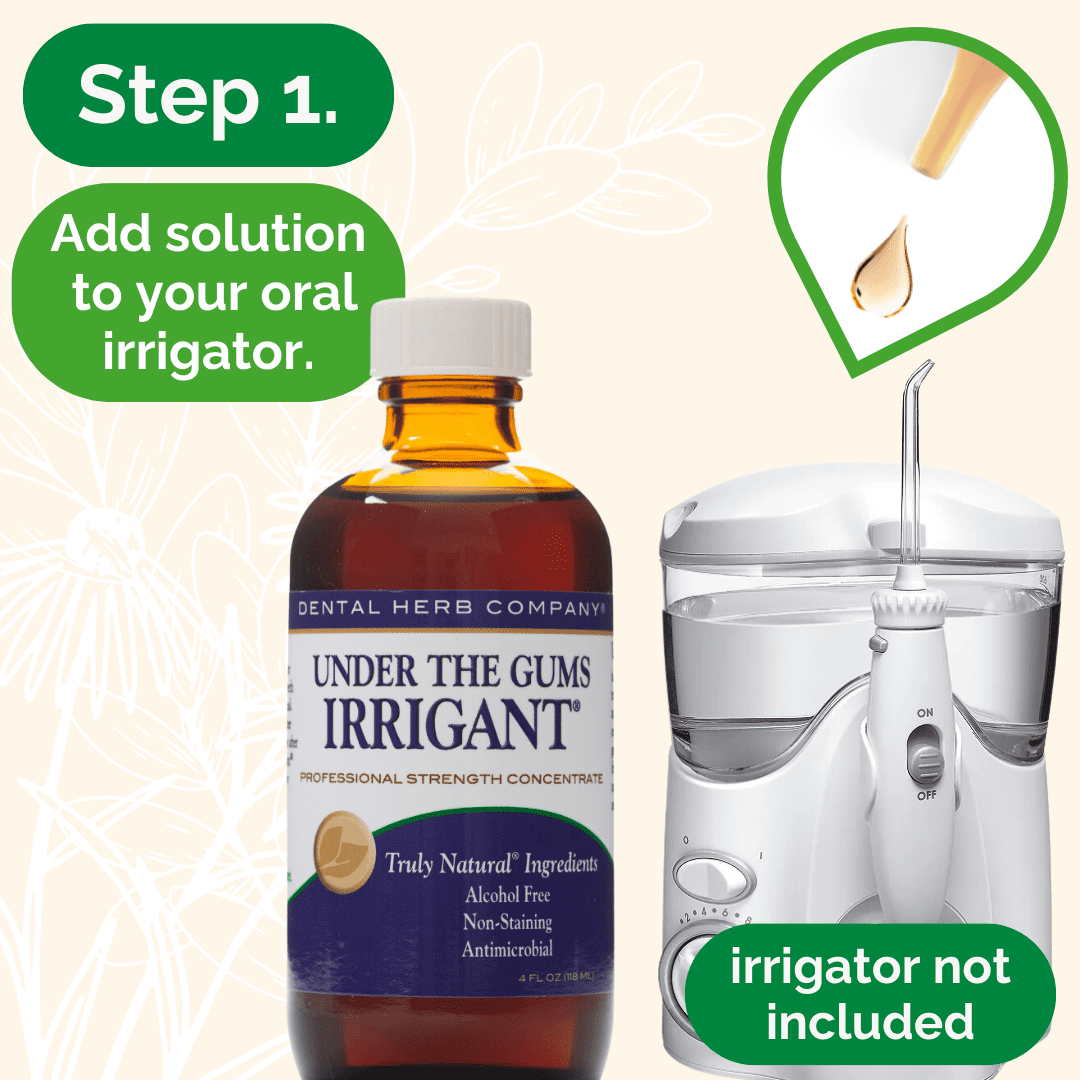 Dental Herb Company Under the Gums Irrigant: (2 pack with dropper) A Solution for Oral Irrigators and Water Flossers - Made with Pure Essential Oils and Herbs - Alcohol-Free, Vegan, non-GMO