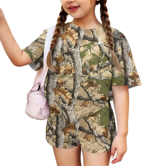 Grblisyd Outfits for Girls 10-12 Camo Maple Leaf Print Short Sleeve Crew Neck Tee Shirt and Loose Shorts Set Cute Summer Outfits