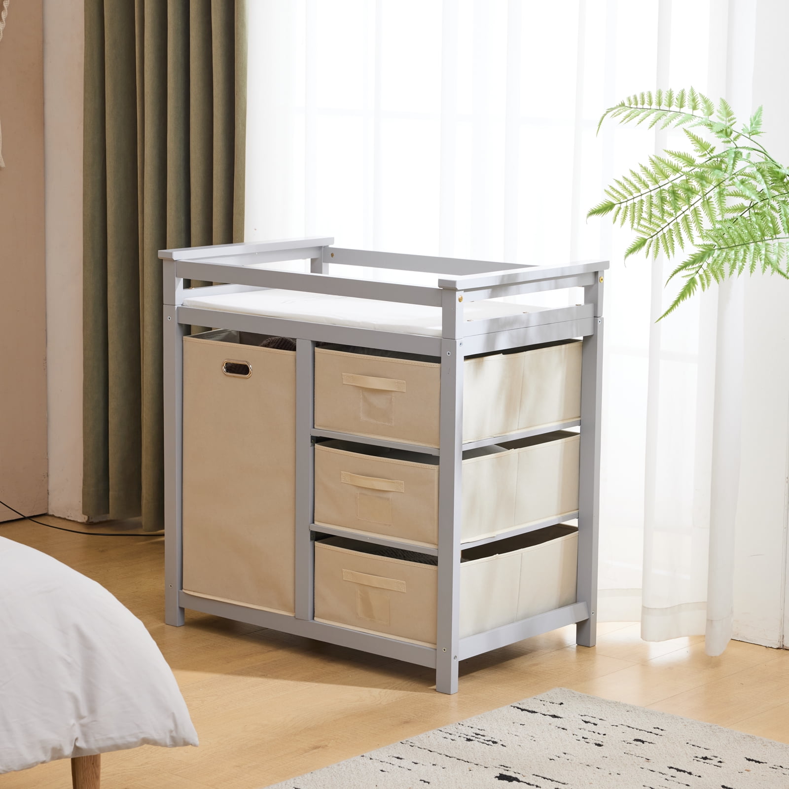 Zimtown Baby Changing Table,Dresser Baby Diaper Changing Station with Laundry Hamper,Infant Nursing Table with 3 Storage Drawers,Removable Safety Rail & Strap for Bedroom,Gray