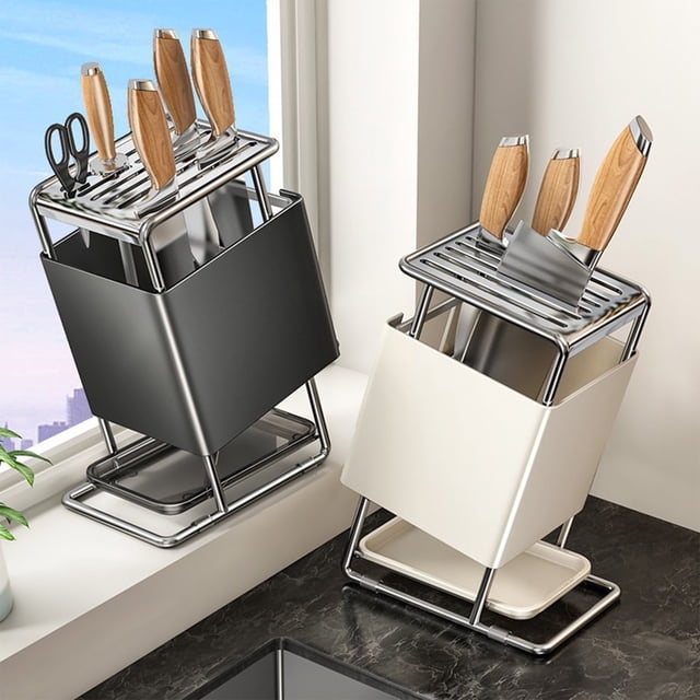 Bowayaoa Stainless Steel Rotating Knife Block, Multifunctional Kitchen Knife Holder with Drawer, Countertop Knife Storage Rack for Knives and Scissors, Space Saving Knife Organizer, Black