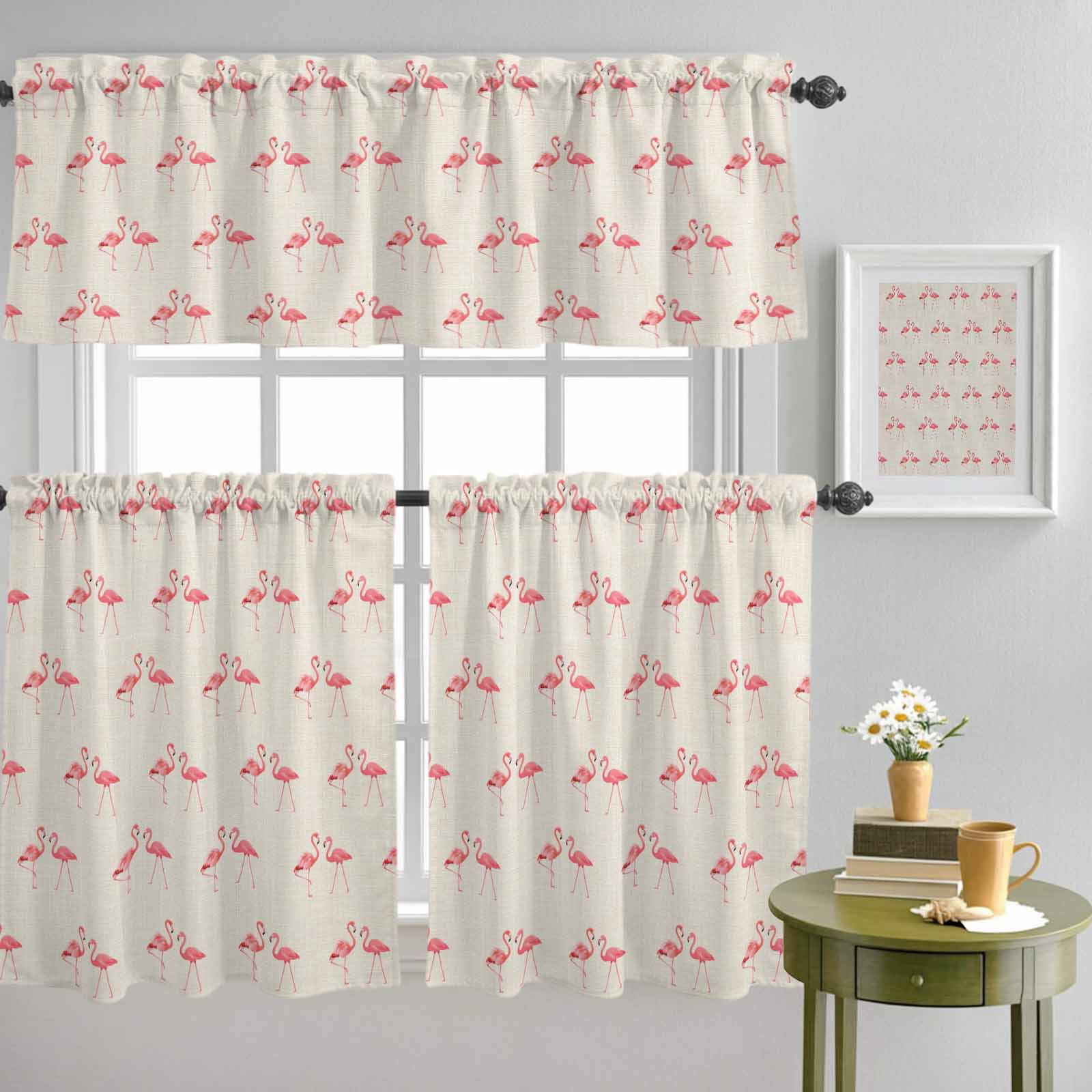 Tropical Pink Flamingo Bird Curtain Tier and Valance Set 3 Piece, Summer Animals on Burlap Linen 3-inch Rod Pocket Window Tier Curtains Valance for Kitchen Living Room
