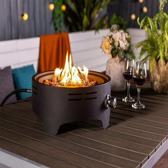 15" Propane Tabletop Round Steel Fire Pit, 40000 BTU with Lava Rocks