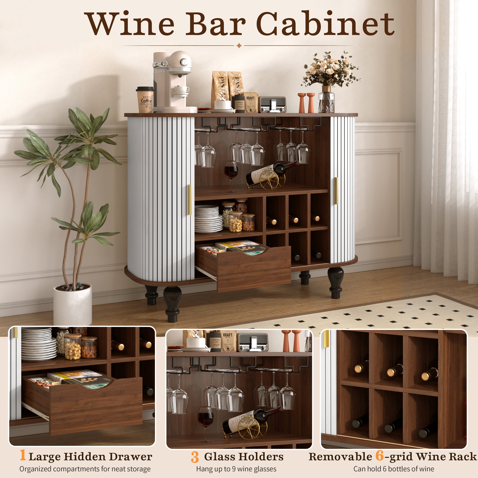 avobird 39" Fluted Liquor & Coffee Bar Cabinet with 6 Wine Racks and 3 Glass Holders, Mid-Century Modern Bar Cabinet with A Large Storage Drawer ,4 Hidden Storage Space on the Side , White