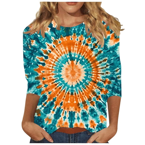 CYMMPU Loose Fit Tunic Tops 3/4 Sleeve Crew Neck Tie Dye Blouses for Women Dressy Casual Summer Trendy Shirts Spring Tops Ombre T-Shirts Multicolor L